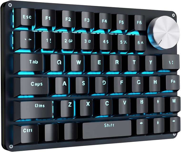 Koolertron One Handed Mechanical Gaming Keyboard, Programmable Keypad,Rotating Knob 45 Keys Blue Backlit/Blue Switches for Windows PC Gamers
